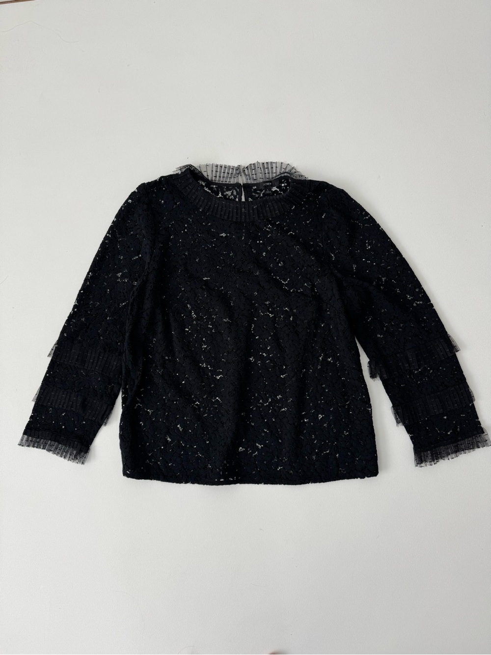 J.Crew Black Lace Blouse Sheer Floral Top Mesh Goth Boho Bell Sleeve Prom event - Picture 2 of 9